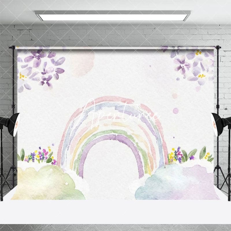 Aperturee - Aperturee Watercolor Floral Cloud Rainbow Cake Smash Backdrop