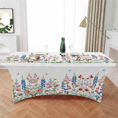 Aperturee - Aperturee Watercolor Garden Flower Leaves Stretch Table Cover