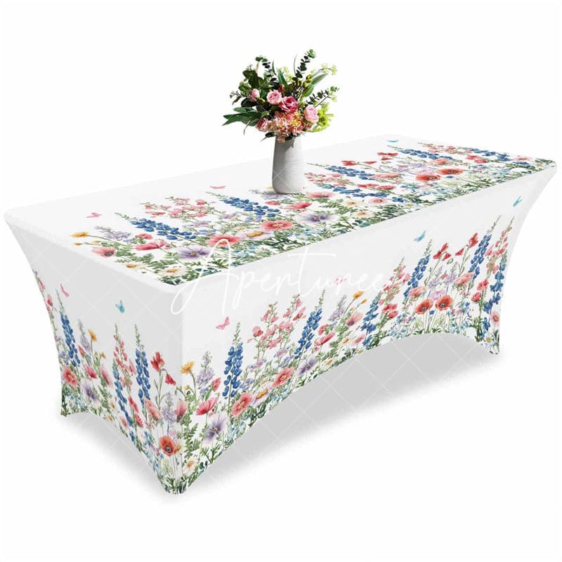 Aperturee - Aperturee Watercolor Garden Flower Leaves Stretch Table Cover