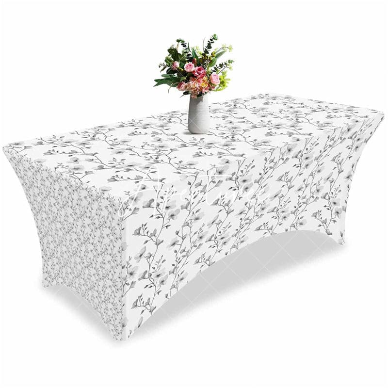 Aperturee - Aperturee Watercolor Grey Flower Leaves Stretch Table Cover