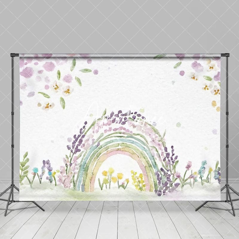 Aperturee - Aperturee Watercolor Rainbow Floral Plant Cake Smash Backdrop