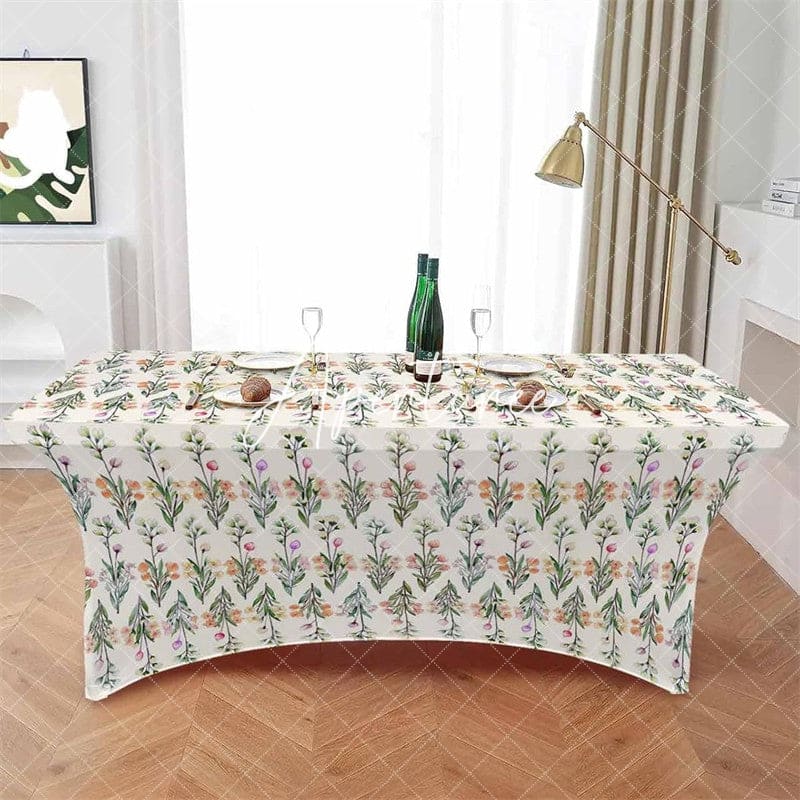 Aperturee - Aperturee Watercolor Repeat Flower Green Leaf Stretch Table Cover