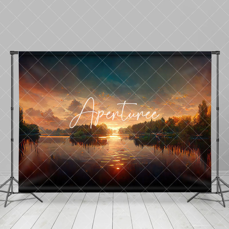 Aperturee - Aperturee Watercolor Sunset Cloud Tree Lake Waves Backdrop