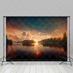 Aperturee - Aperturee Watercolor Sunset Cloud Tree Lake Waves Backdrop