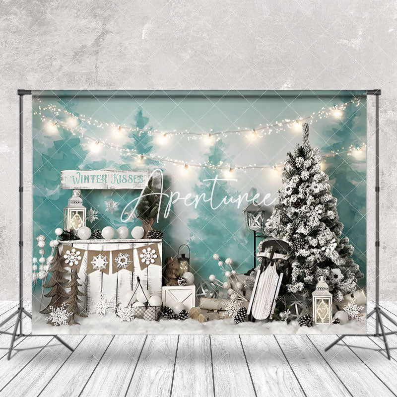 Aperturee - Aperturee Watercolor Trees Winter Kisses Christmas Backdrop