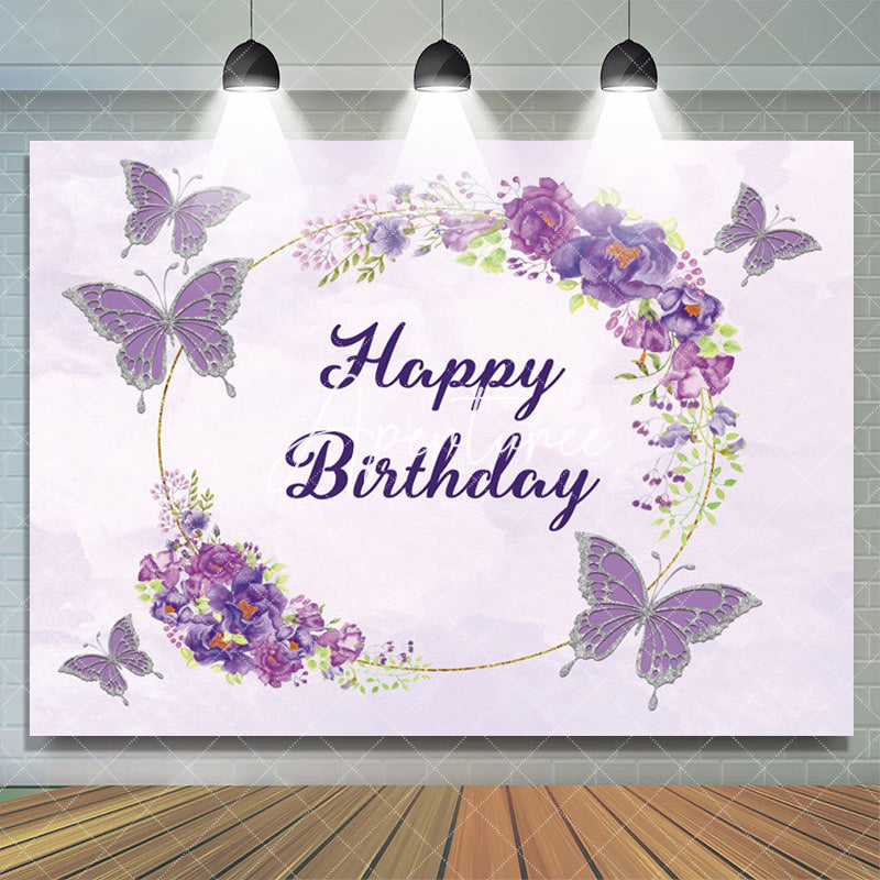 Aperturee - Aperturee Watercolor Violet Floral Butterfly Birthday Backdrop