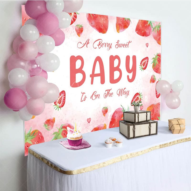 Aperturee - Aperturee Welcome Sweet Strawberry Girl Baby Shower Backdrop