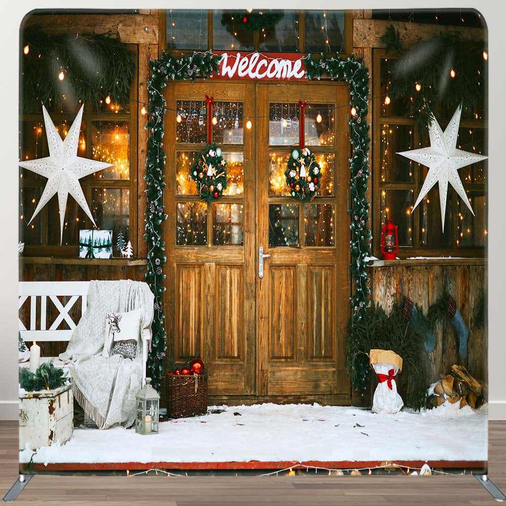 Aperturee - Aperturee Welcome Wooden Door Snowy Christmas Pillow Case Backdrop