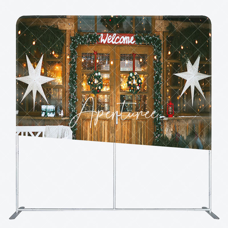 Aperturee - Aperturee Welcome Wooden Door Snowy Christmas Pillow Case Backdrop