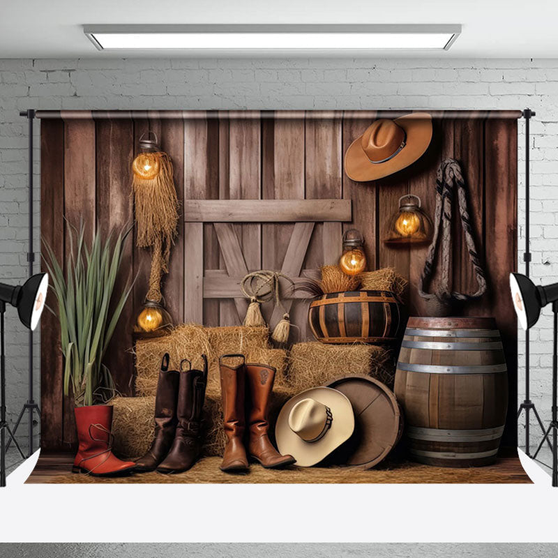 Aperturee - Aperturee Western Cowboy Haystack Wood Wall Boots Backdrop