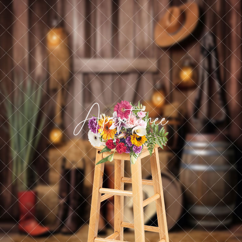 Aperturee - Aperturee Western Cowboy Haystack Wood Wall Boots Backdrop