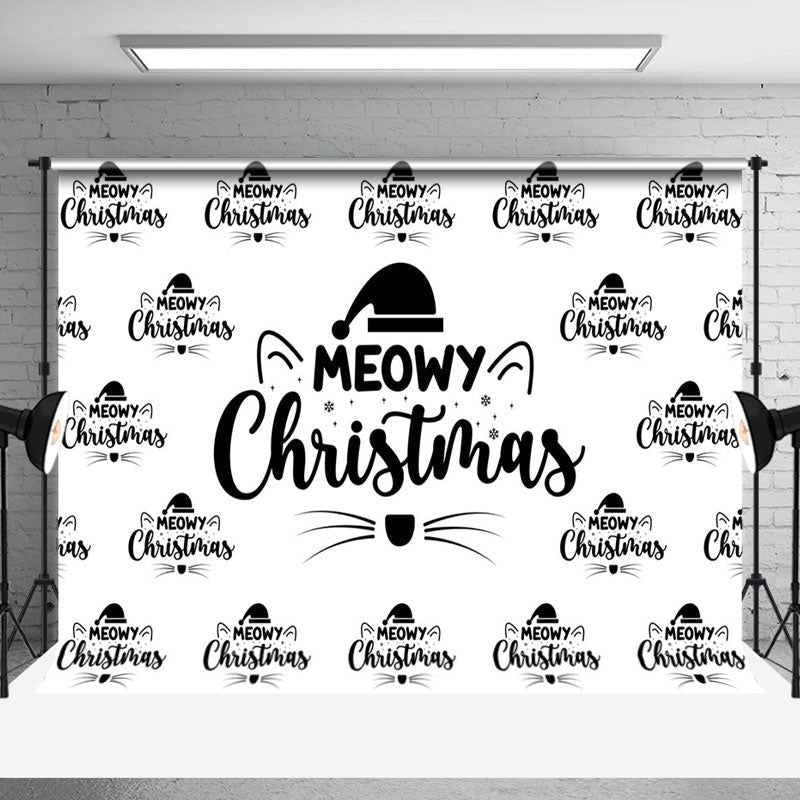 Aperturee - Aperturee White And Black Step Repeat Meowy Christmas Backdrop