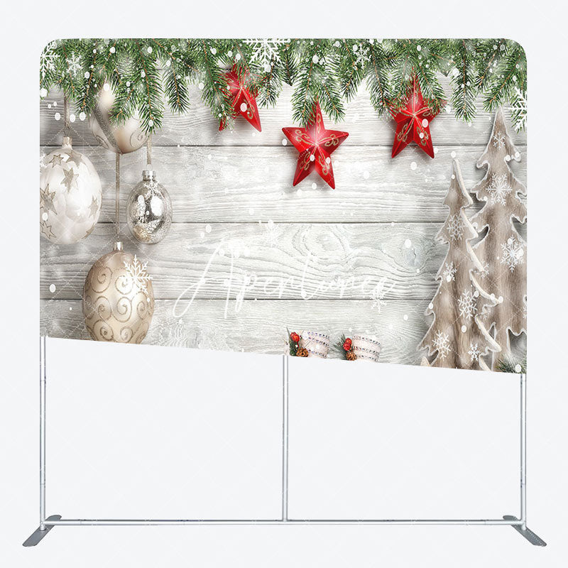 Aperturee - Aperturee White Bauble Wood Pine Leaves Tension Fabric Backdrop