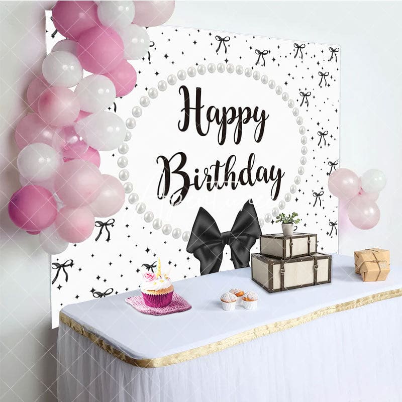 Aperturee - Aperturee White Black Bow Pearl Necklace Happy Birthday Backdrop