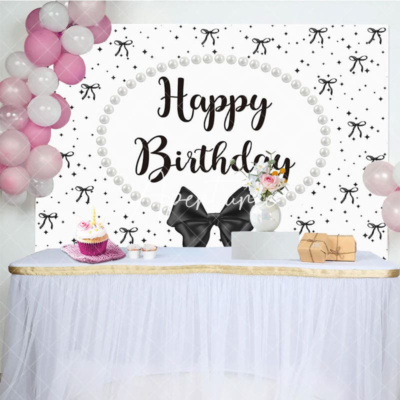 Aperturee - Aperturee White Black Bow Pearl Necklace Happy Birthday Backdrop