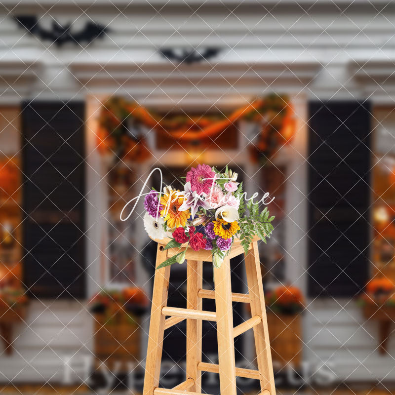 Aperturee - Aperturee White Black Halloween Vibe Store Porch Backdrop