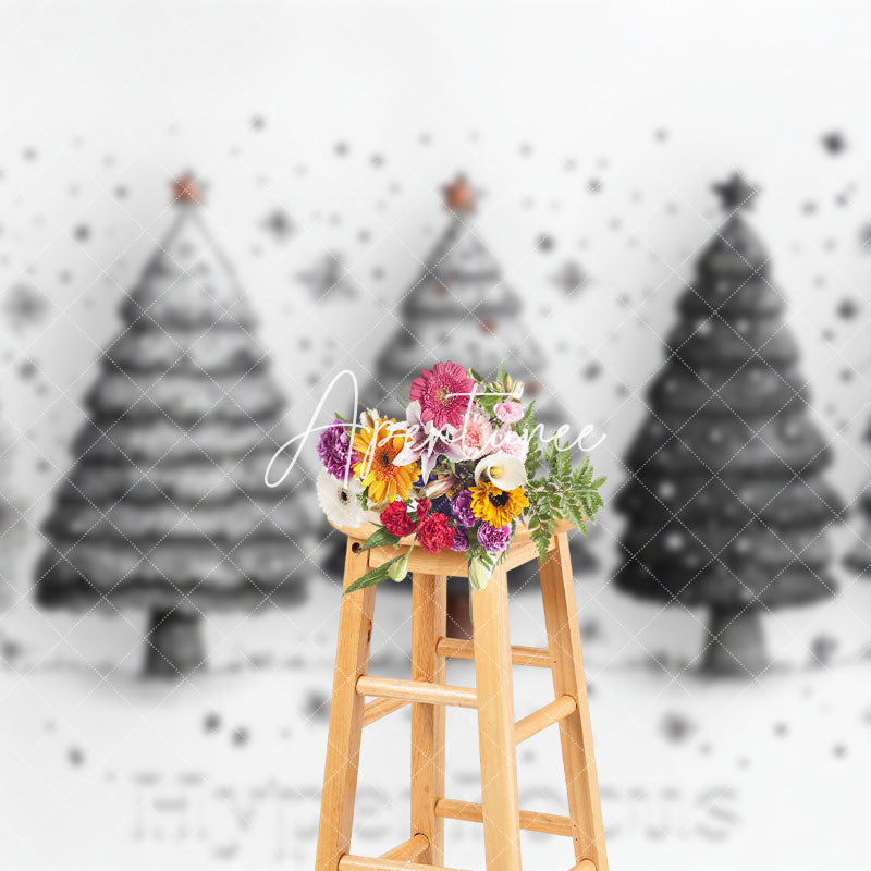 Aperturee - Aperturee White Black Painted Pine Trees Christmas Backdrop