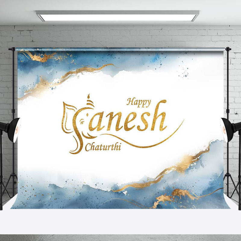 Aperturee - Aperturee White Blue Marbled Happy Ganesh Chaturthi Backdrop