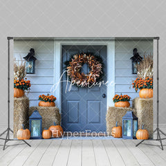 Aperturee - Aperturee White Blue Porch Haystack Pumpkin Autumn Backdrop