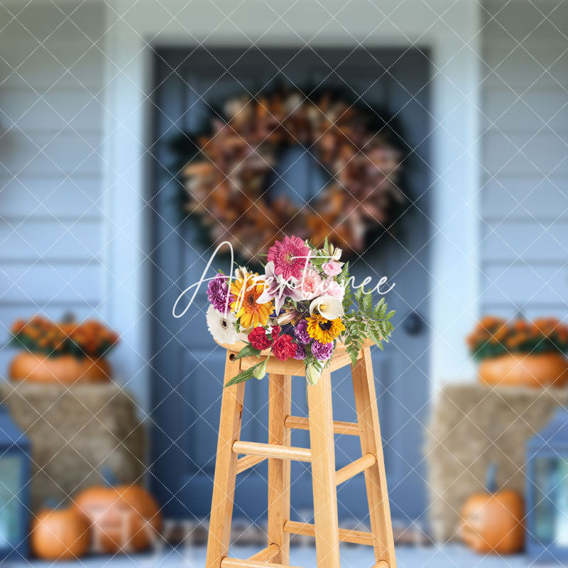 Aperturee - Aperturee White Blue Porch Haystack Pumpkin Autumn Backdrop