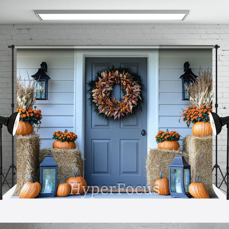 Aperturee - Aperturee White Blue Porch Haystack Pumpkin Autumn Backdrop