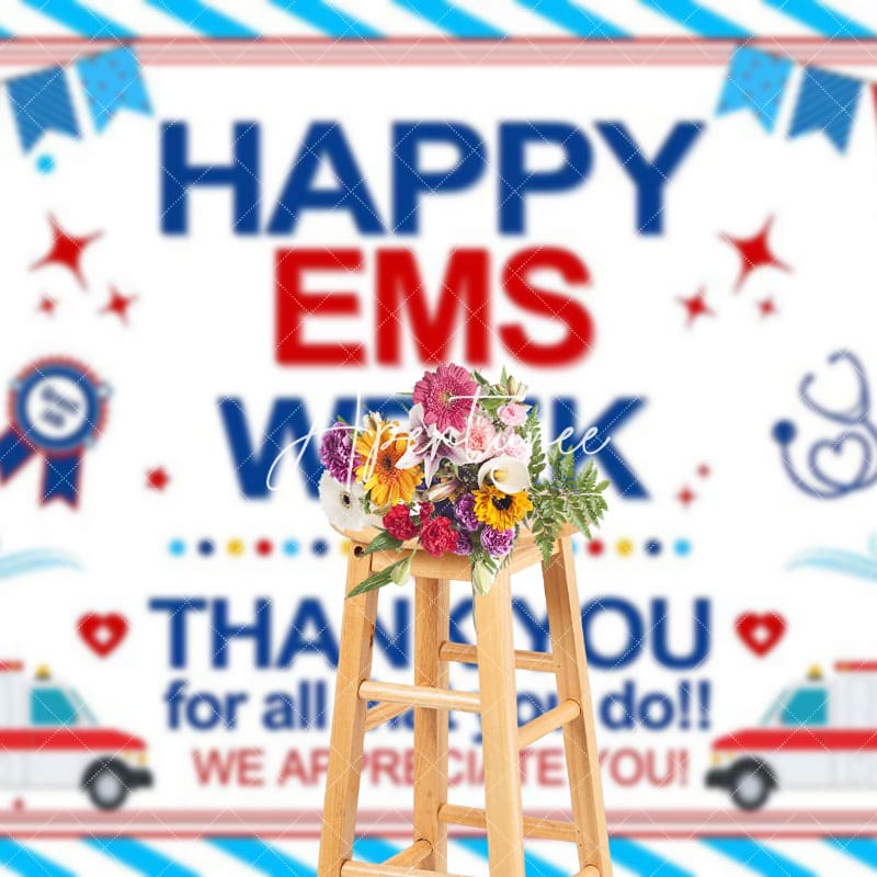 Aperturee - Aperturee White Blue Stripe Happy EMS Week Thank You Backdrop