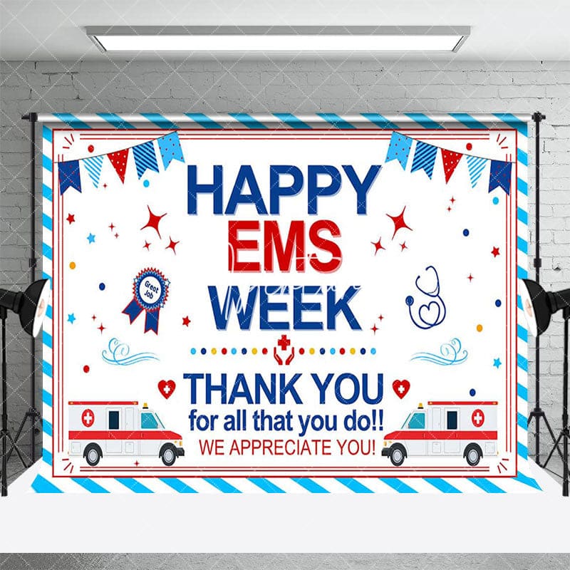 Aperturee - Aperturee White Blue Stripe Happy EMS Week Thank You Backdrop