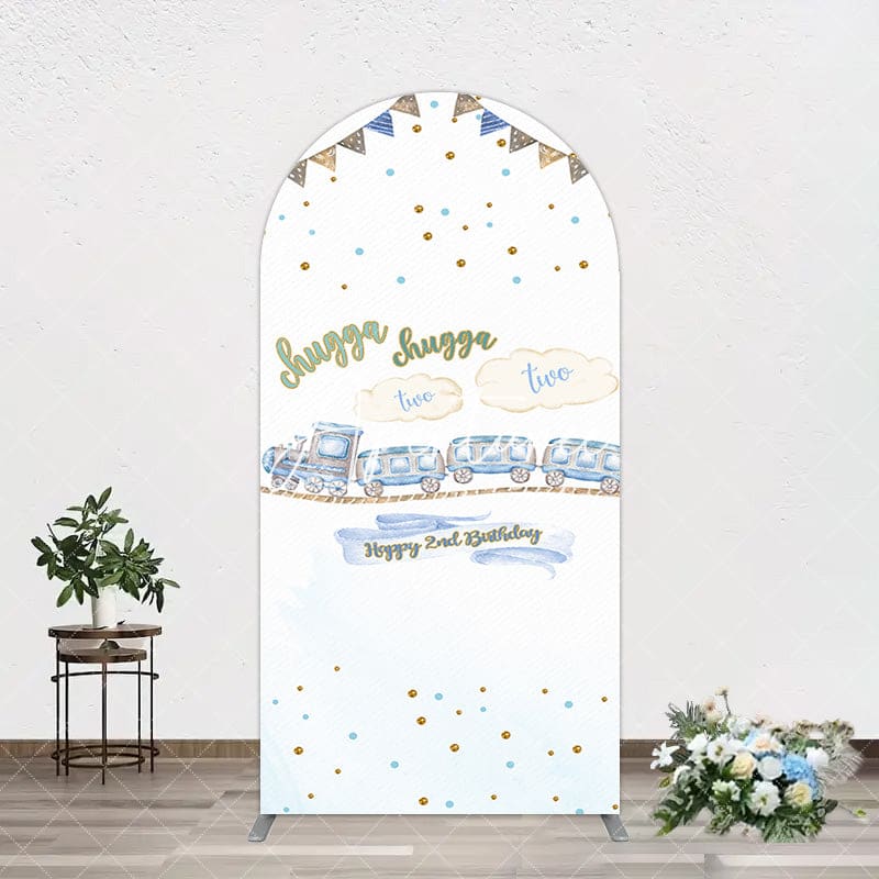 Aperturee - Aperturee White Blue Train Happy 2nd Birthday Arch Backdrop