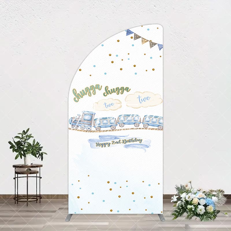 Aperturee - Aperturee White Blue Train Happy 2nd Birthday Half Moon Arch Backdrop