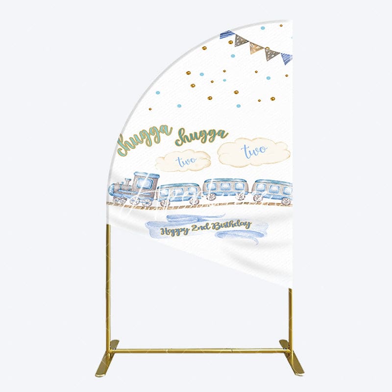 Aperturee - Aperturee White Blue Train Happy 2nd Birthday Half Moon Arch Backdrop