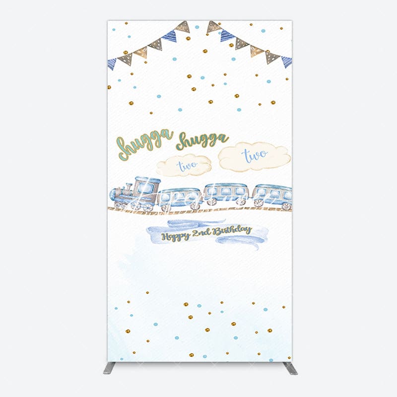 Aperturee - Aperturee White Blue Train Happy 2nd Birthday Rectangle Backdrop