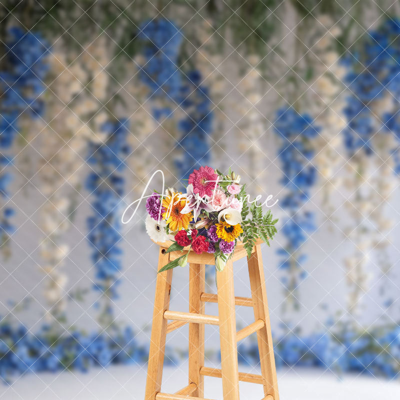 Aperturee - Aperturee White Blue Vine Flower Leaves Photography Backdrop