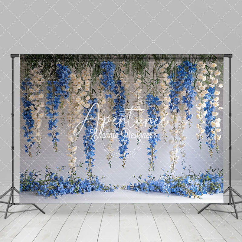 Aperturee - Aperturee White Blue Vine Flower Leaves Photography Backdrop