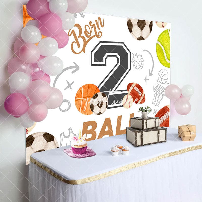 Aperturee - Aperturee White Born 2 Ball Sports Happy Birthday Backdrop