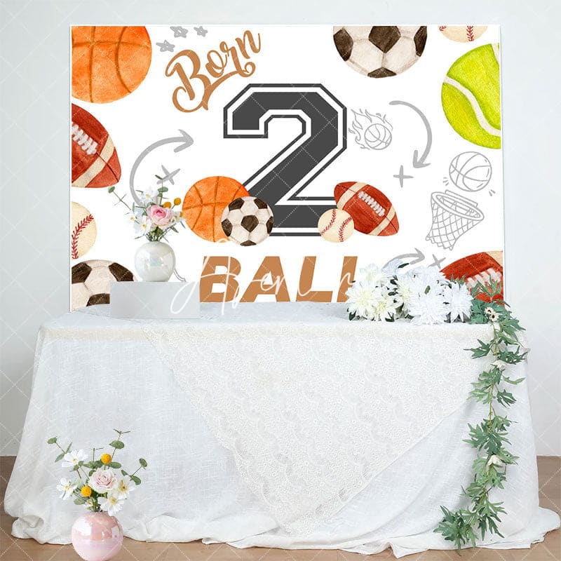 Aperturee - Aperturee White Born 2 Ball Sports Happy Birthday Backdrop