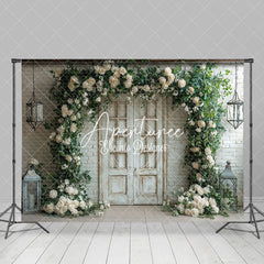 Aperturee - Aperturee White Brick Wall Floral Arch Greeny Spring Backdrop