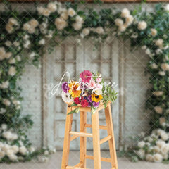 Aperturee - Aperturee White Brick Wall Floral Arch Greeny Spring Backdrop