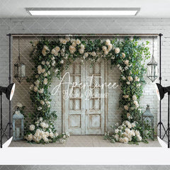 Aperturee - Aperturee White Brick Wall Floral Arch Greeny Spring Backdrop