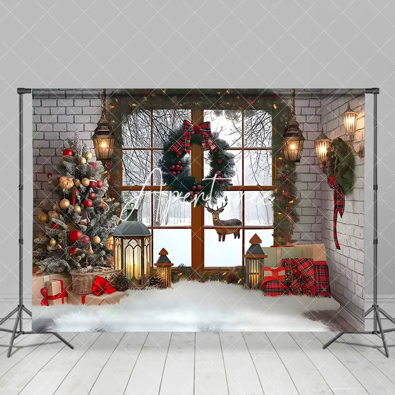 Aperturee - Aperturee White Brick Wall Interior Christmas Photo Backdrop