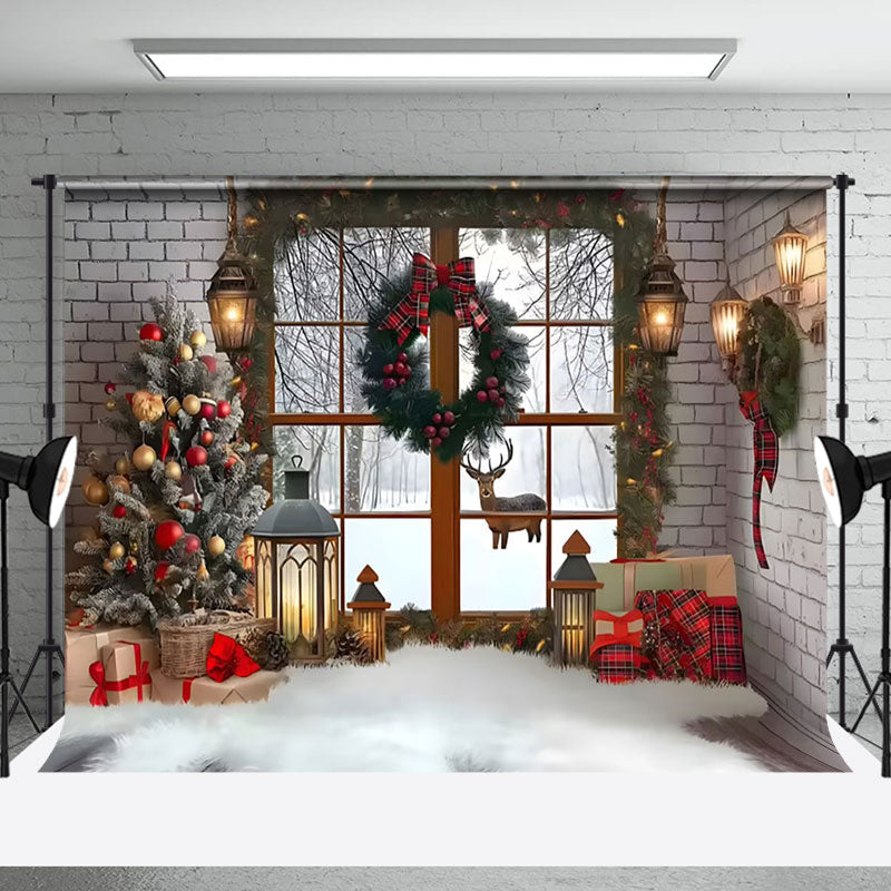 Aperturee - Aperturee White Brick Wall Interior Christmas Photo Backdrop