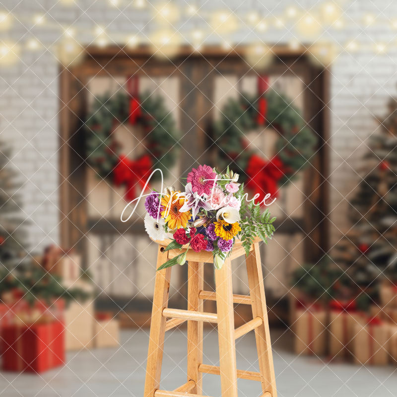 Aperturee - Aperturee White Brick Wall Wood Door Festive Christmas Backdrop