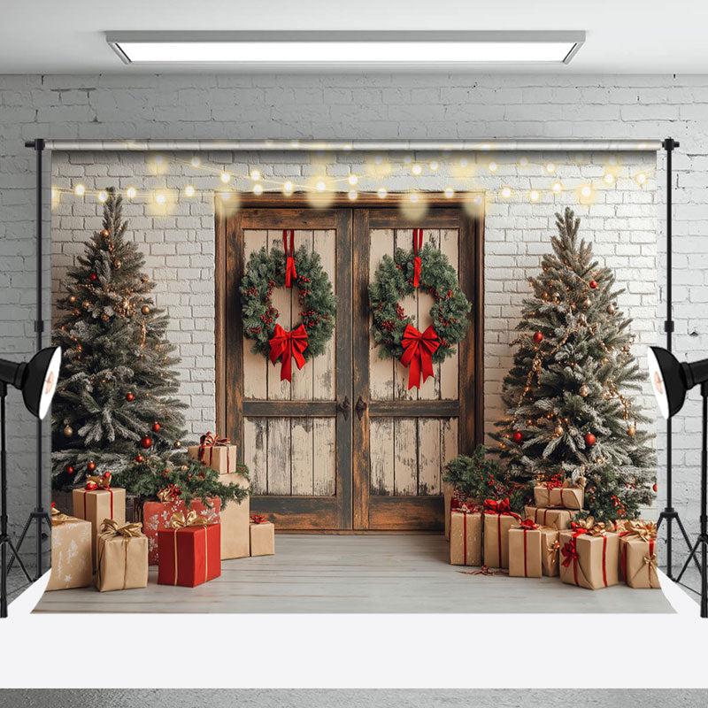 Aperturee - Aperturee White Brick Wall Wood Door Festive Christmas Backdrop