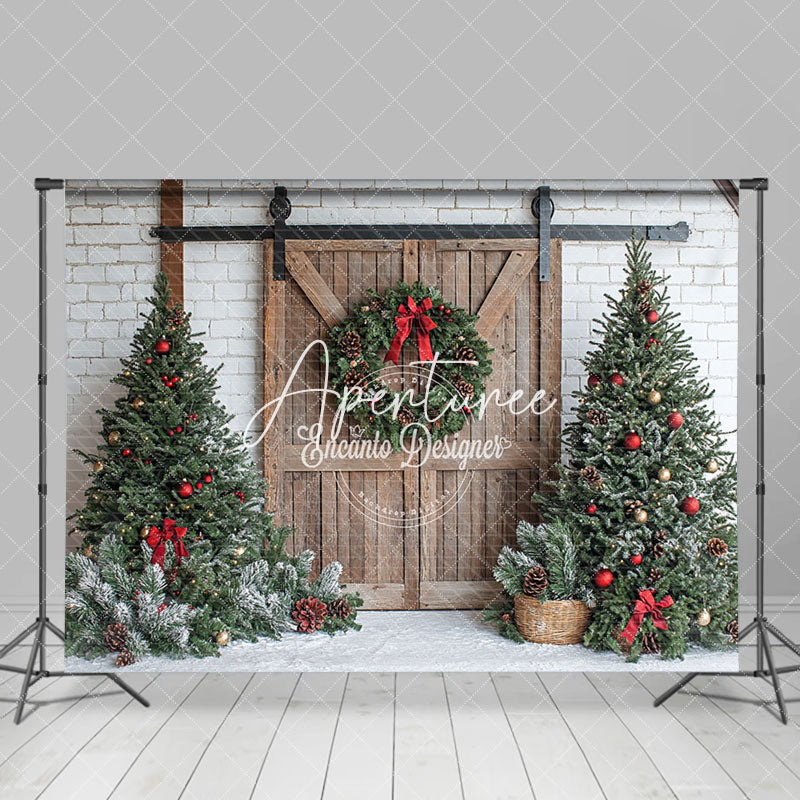 Aperturee - Aperturee White Brick Wood Wreath Door Tree Christmas Backdrop