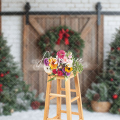 Aperturee - Aperturee White Brick Wood Wreath Door Tree Christmas Backdrop