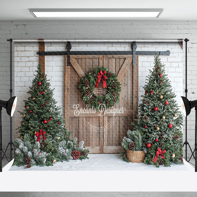 Aperturee - Aperturee White Brick Wood Wreath Door Tree Christmas Backdrop