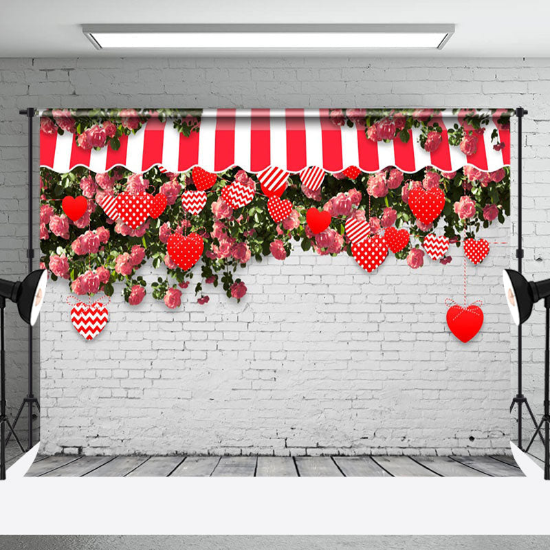 Aperturee - Aperturee White Bricks Greenery Floral Valentines Day Backdrop