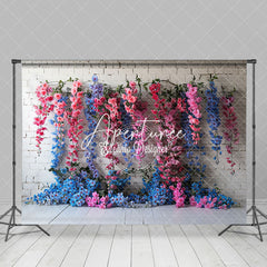 Aperturee - Aperturee White Bricks Wall Blue Pink Vine Floral Backdrop