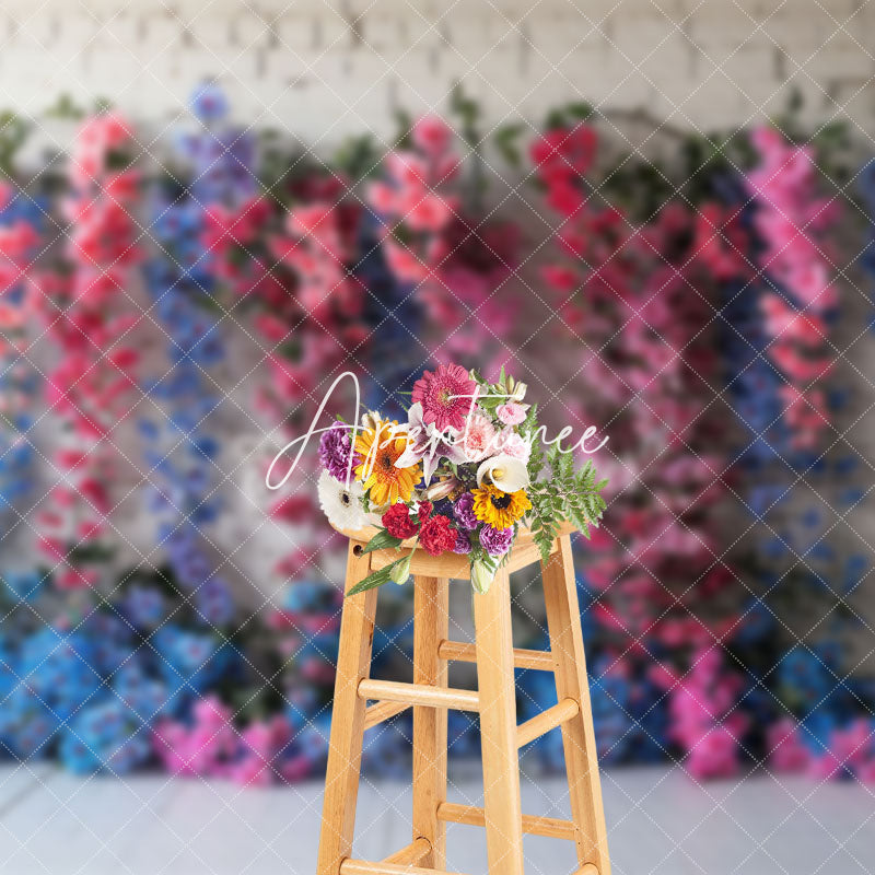 Aperturee - Aperturee White Bricks Wall Blue Pink Vine Floral Backdrop