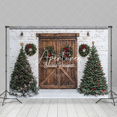 Aperturee - Aperturee White Bricks Wall Wood Door Trees Christmas Backdrop