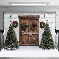 Aperturee - Aperturee White Bricks Wall Wood Door Trees Christmas Backdrop